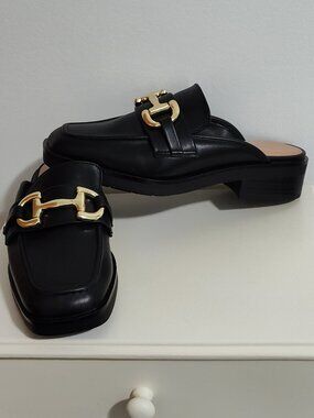 Time and Tru Black Faux Leather Mule Clogs with Gold Hardware